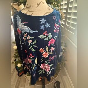 NWOT Johnny Was Embroidered Velvet Top with Floral and Bird Design - Medium
